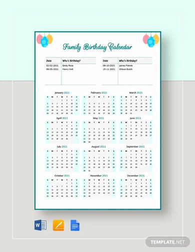 Family Birthday Calendar Template