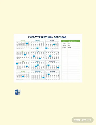 free employee birthday calendar template