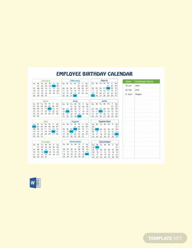 Free Employee Birthday Calendar Template