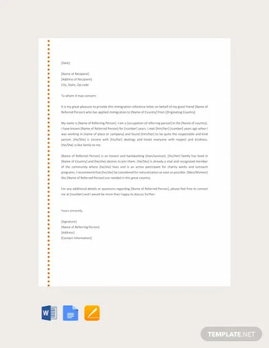 free immigration reference letter template