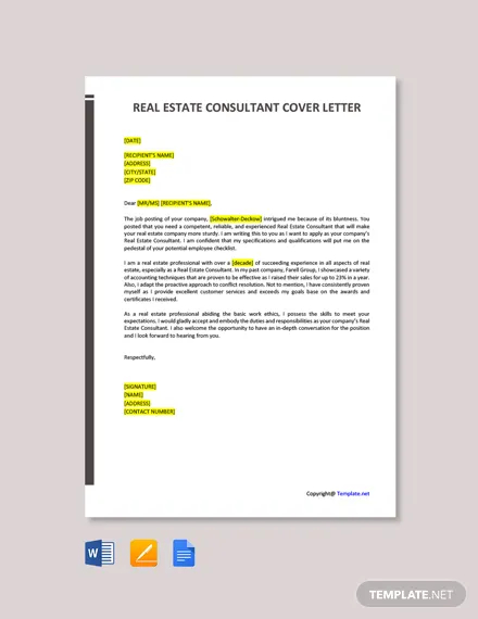 free real estate consultant cover letter template