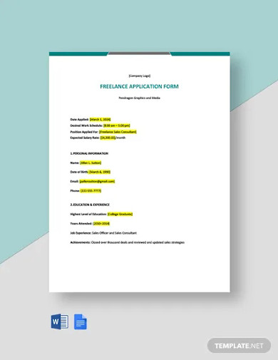 freelance application form template