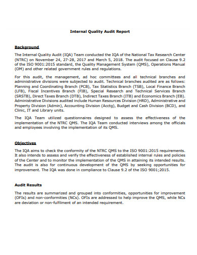 internal quality audit report