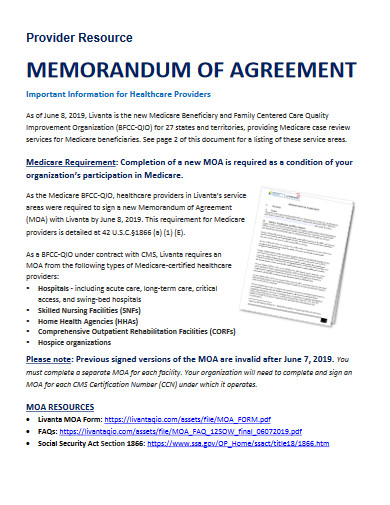 provider memorandum of agreement