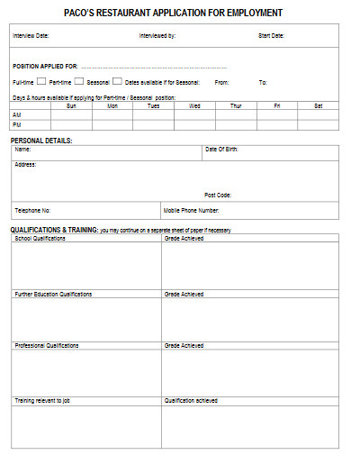 Restaurant Application Form - 10+ Examples, Format, How To Prepare, Pdf