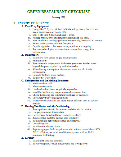 restaurant checklist example