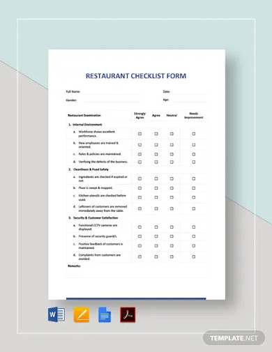 restaurant checklist form template