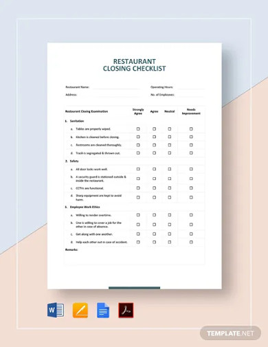 restaurant closing checklist template