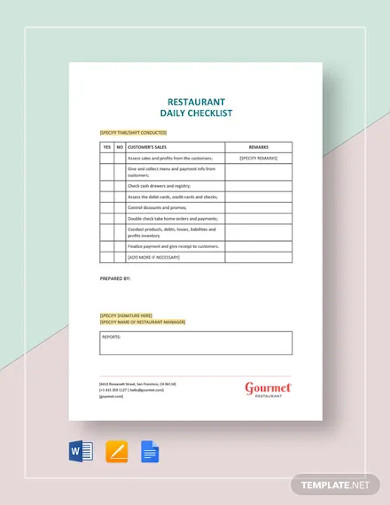 Restaurant Daily Checklist Template