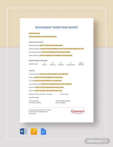 restaurant inspection report template