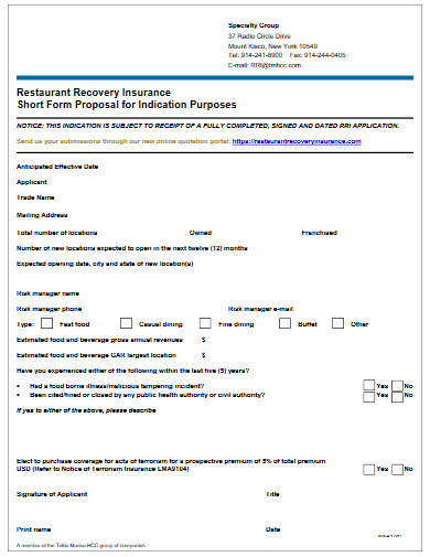 Restaurant Insurance Proposal Form