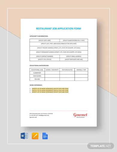 Restaurant Job Application Form Template