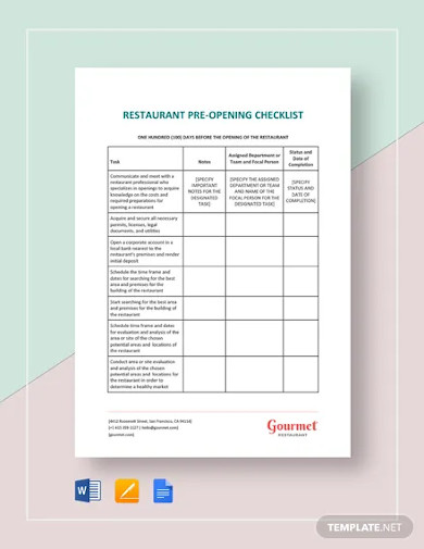 restaurant pre opening checklist template
