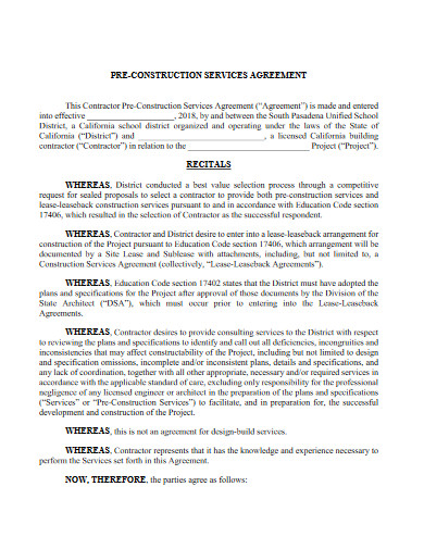 sample pre construction services agreement