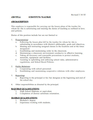 Substitute Teacher Job Description 10 Examples Format Pdf Examples