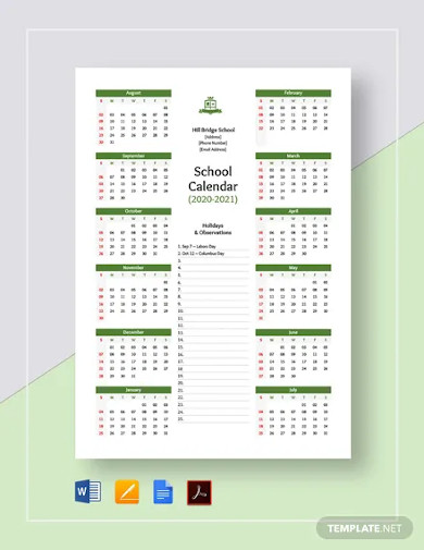 yearly school calendar template