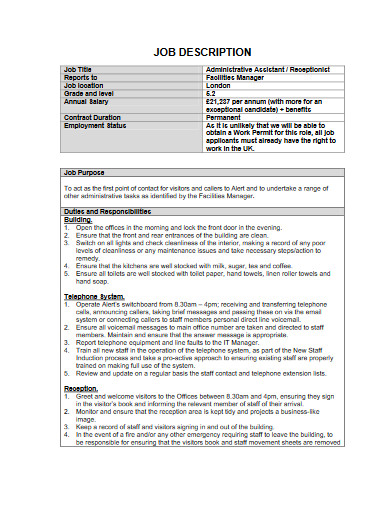 admin assistant receptionist job description