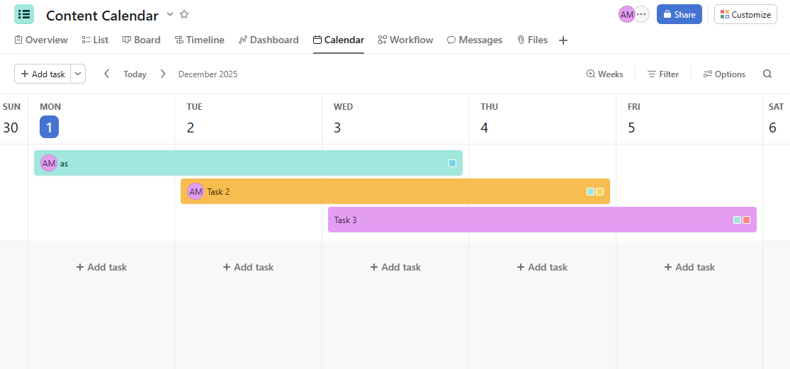 Asana Content Calendar Template