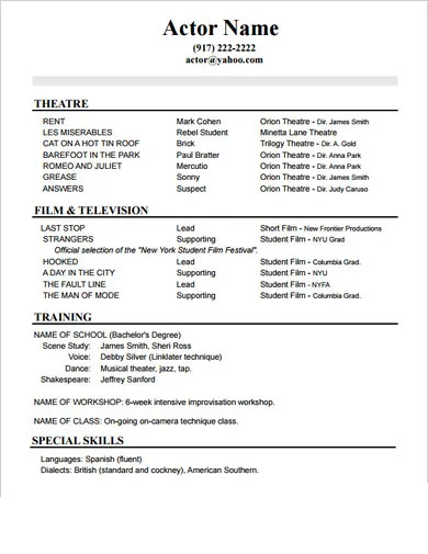 beginner acting resume template