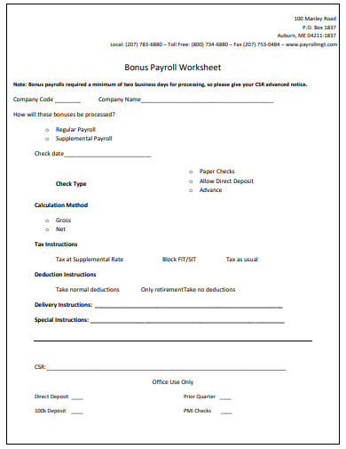 bonus payroll worksheet example