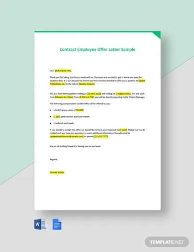 contract employee offer letter sample template