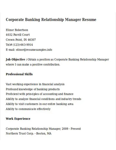 corporate banking relationship manager resume