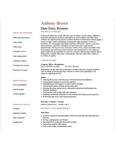 data entry resume example