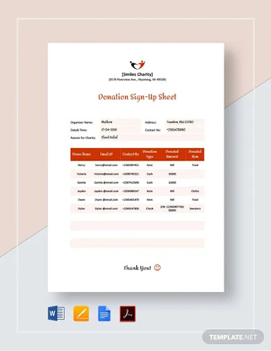 Donation Sign Up Sheet Template