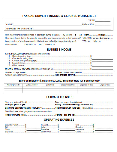 drivers income and expense worksheet