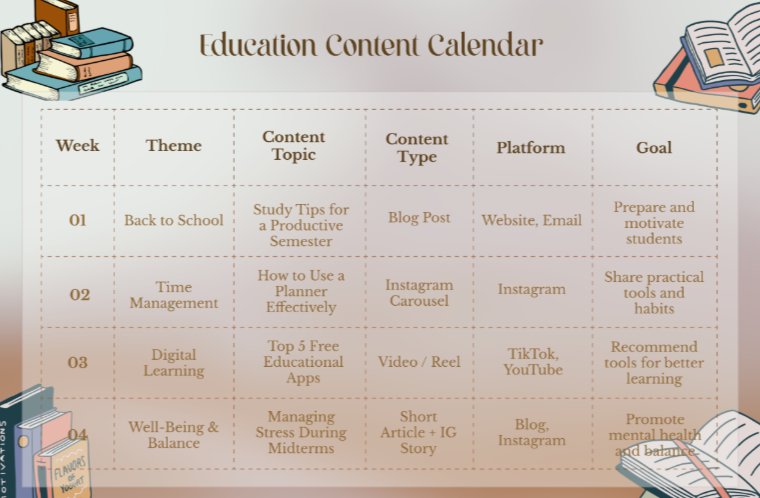 Education Content Calendar Example