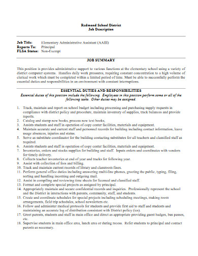 elementary administrative assistant job description