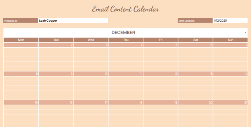 Email Content Calendar Example