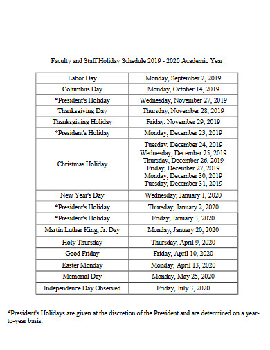 faculty and staff holiday schedule