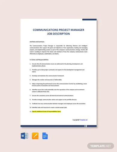 free communications project manager job description template