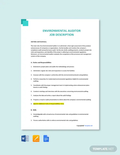 free environmental auditor job description template