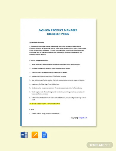 Free Fashion Product Manager Job Description Template