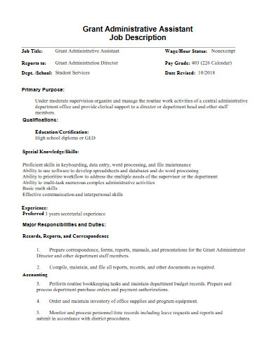 grant administrative assistant job description