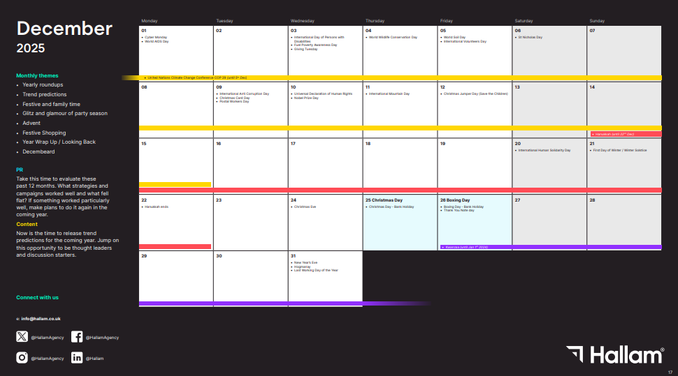 Hallams Social Media and PR Calendar Example