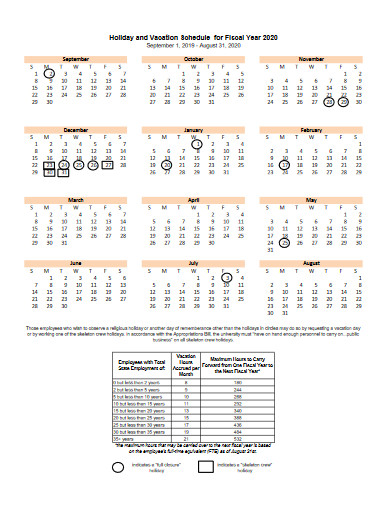 Holiday and Vacation Schedule for Fiscal Year