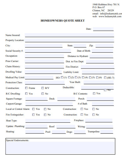 Homeowners Quote Sheet