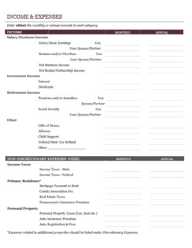 income expenses worksheet example
