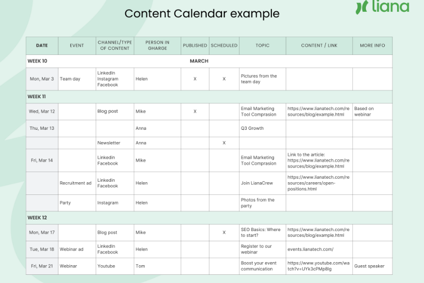 Lianas Content Calendar Example