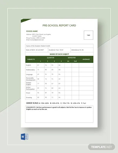 pre school report card template