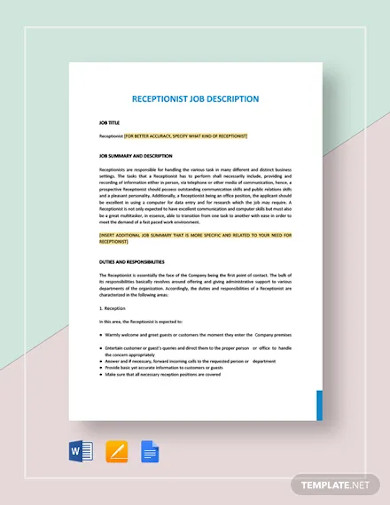 receptionist job description template