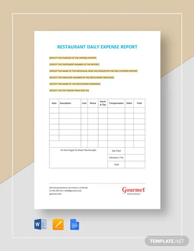 restaurant daily expense report template