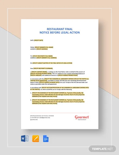restaurant final notice before legal action template