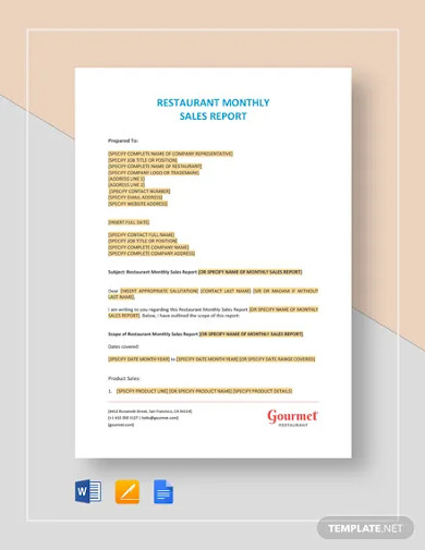 Restaurant Monthly Sales Report Templates