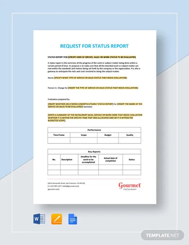 Restaurant Request for Status Report Templates