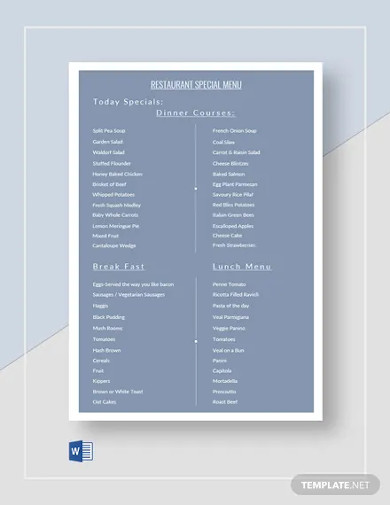 Restaurant Special Menu Inventory Template