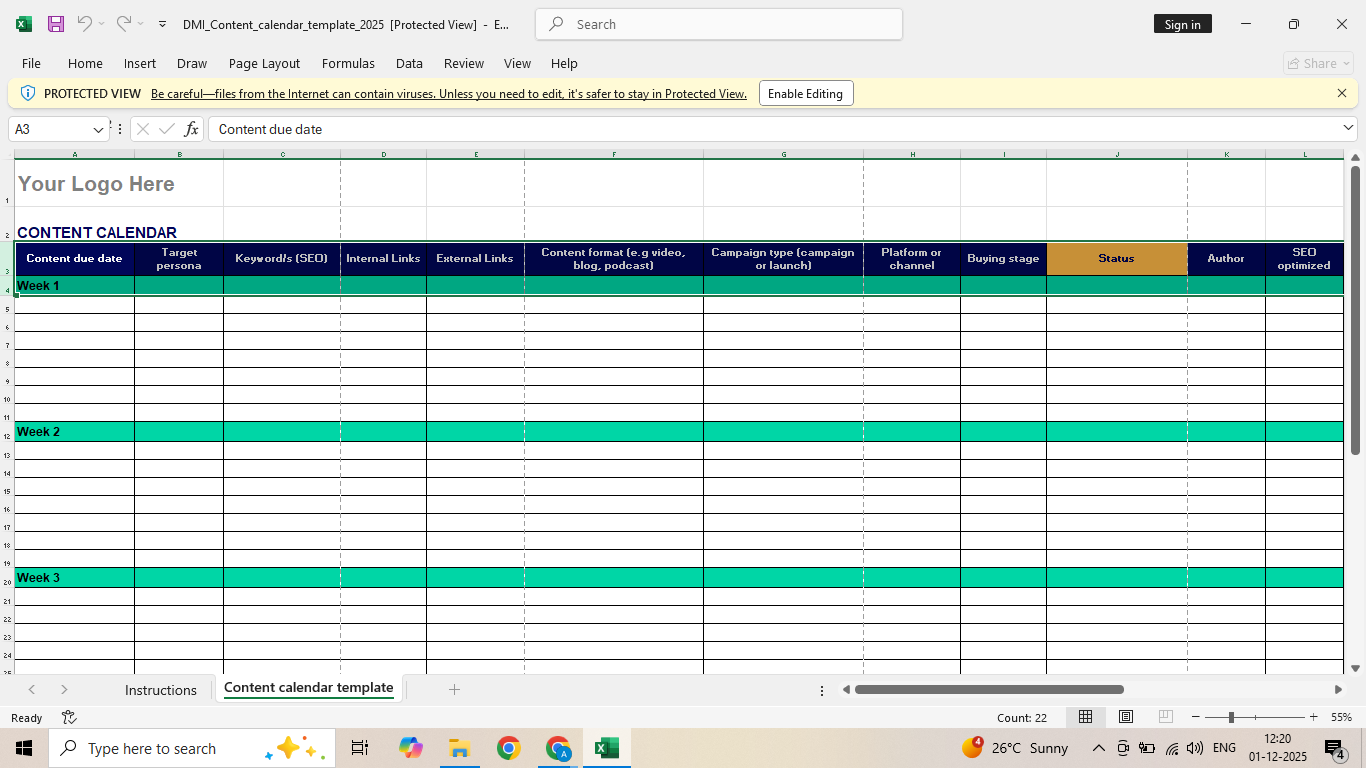 SEO Content Calendar Example